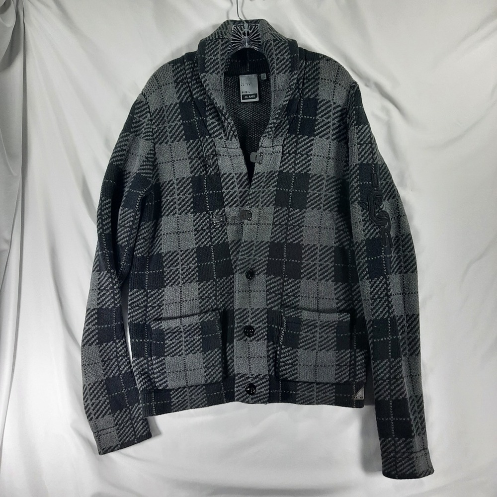 J.C. Rags Mens Large Shawl Collar Cardigan Sweater Grey Plaid Knit Button Front